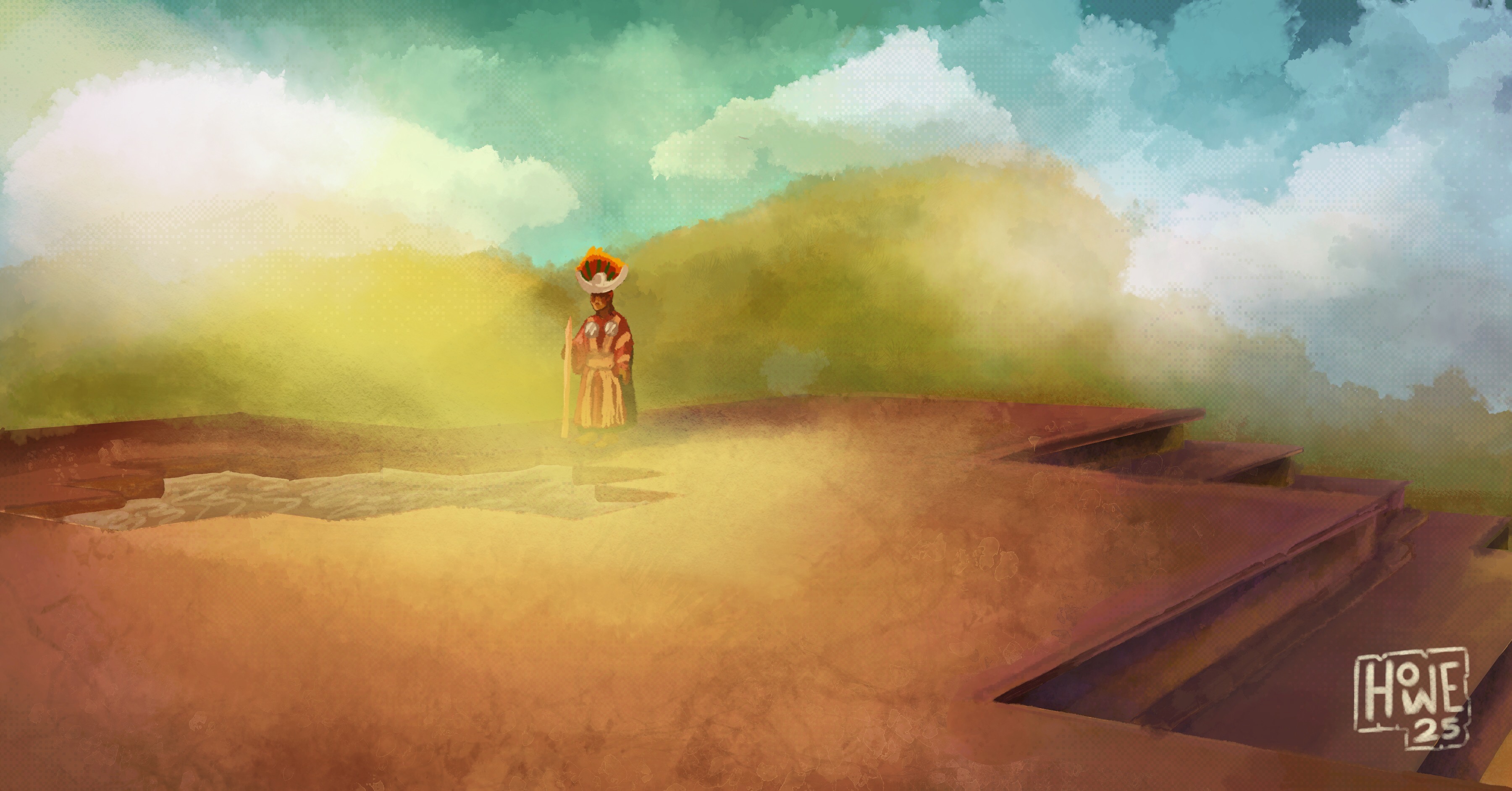 Ilustracion paisaje Tiwanaku la cruz andina